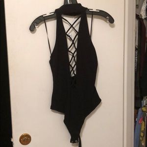 Black plunge criss cross bodysuit